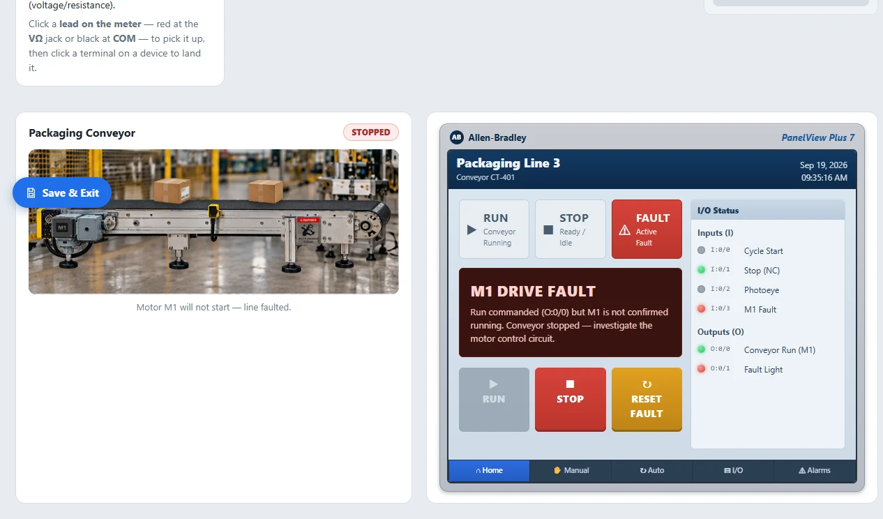 Actual packaging conveyor and PanelView Plus 7 HMI fault screen