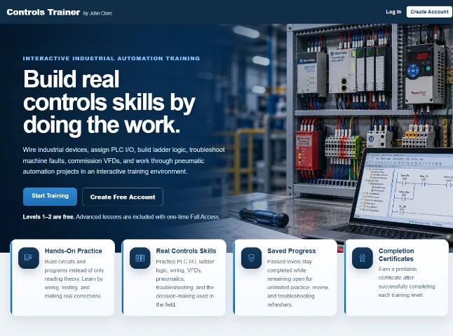 Actual Controls Trainer homepage with hero, industrial control panel and feature cards