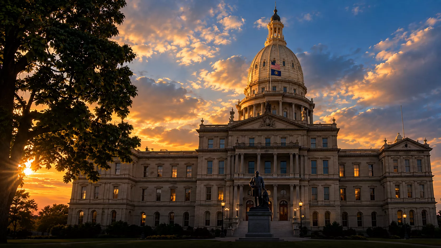 Michigan State Capitol at sunset, featured in John Clore’s Michigan Initiatives for Action project