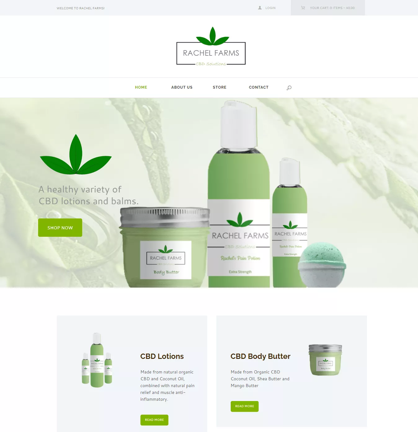 Rachel Farms website design and branding by John Clore, featuring green leaf graphics and product images