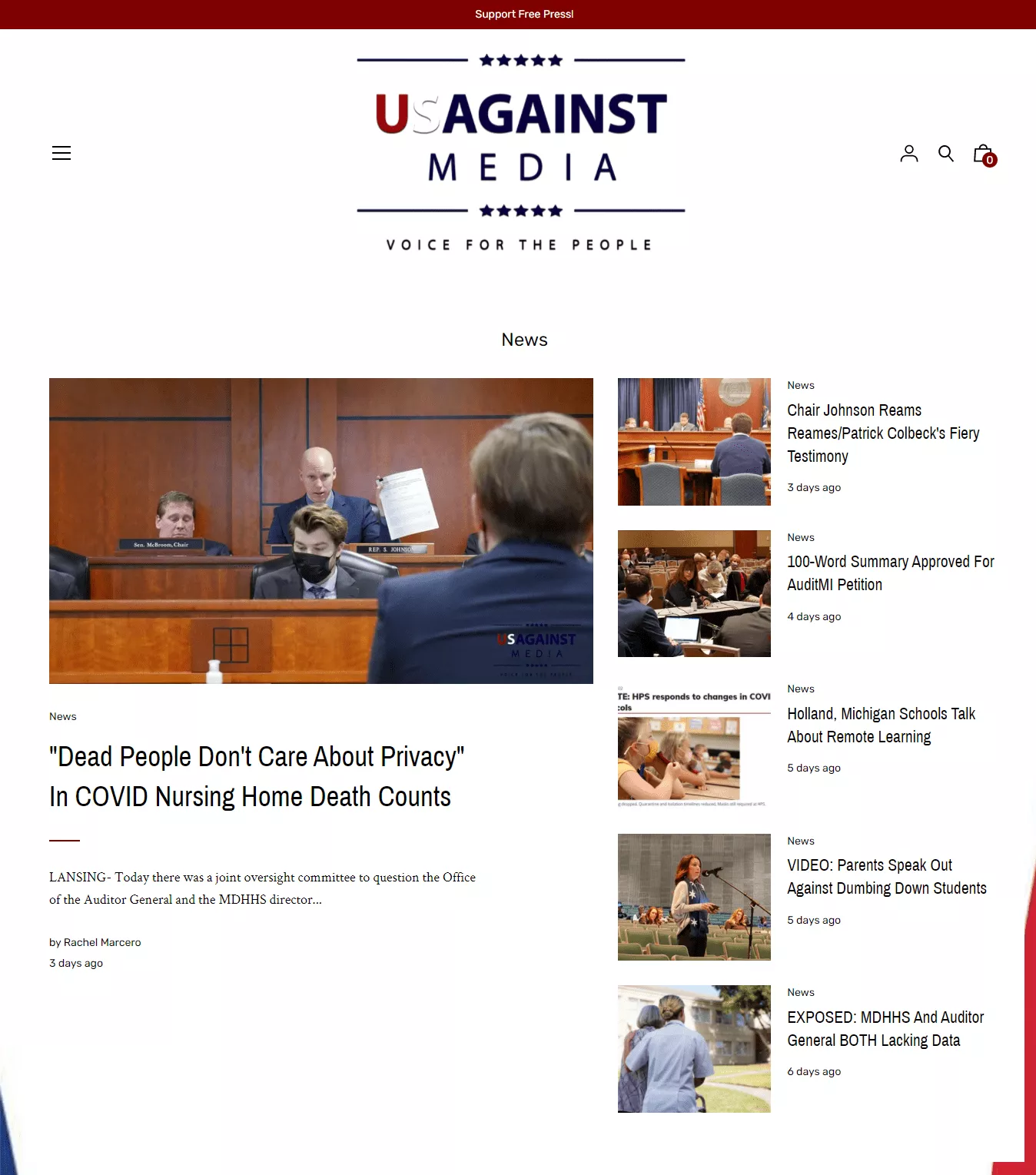 Us Against Media website by John Clore, with news articles, video coverage and publication branding