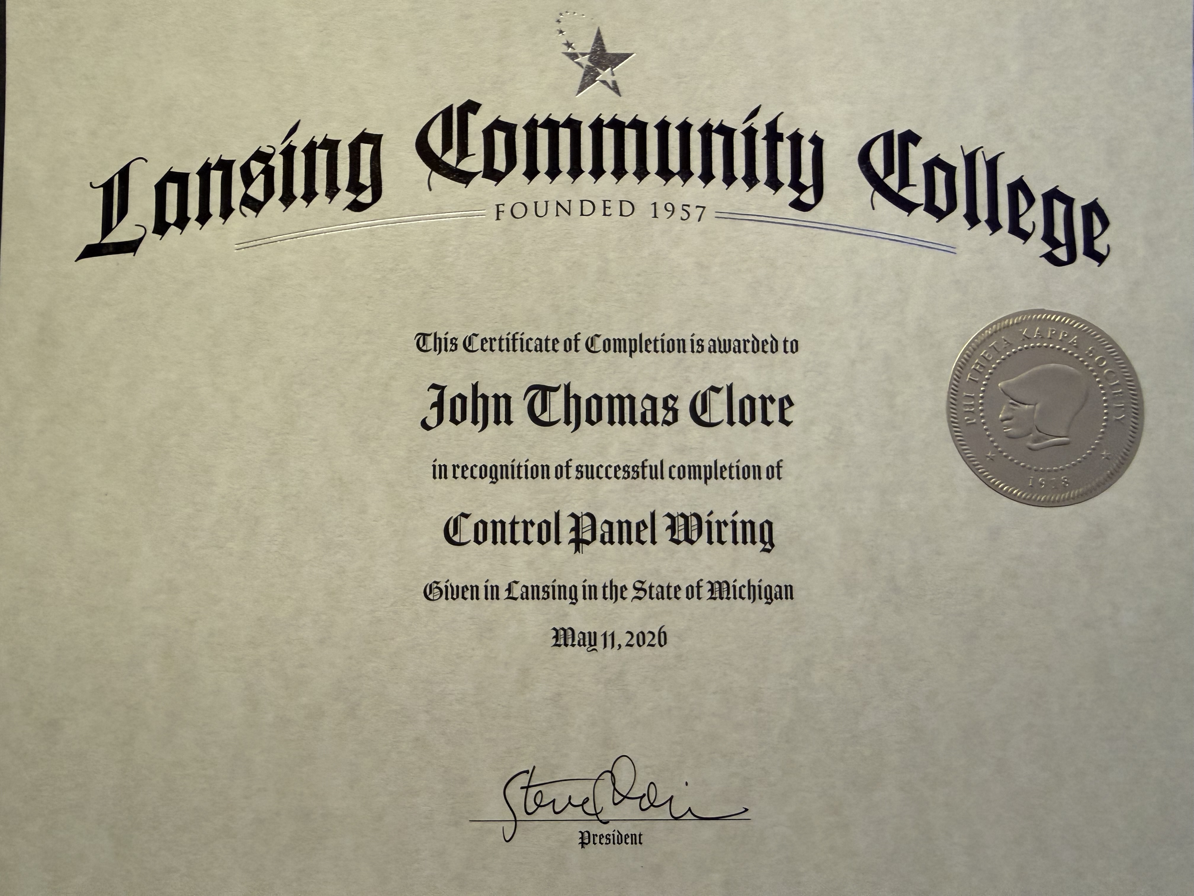 Lansing Community College Control Panel Wiring certificate awarded to John Thomas Clore