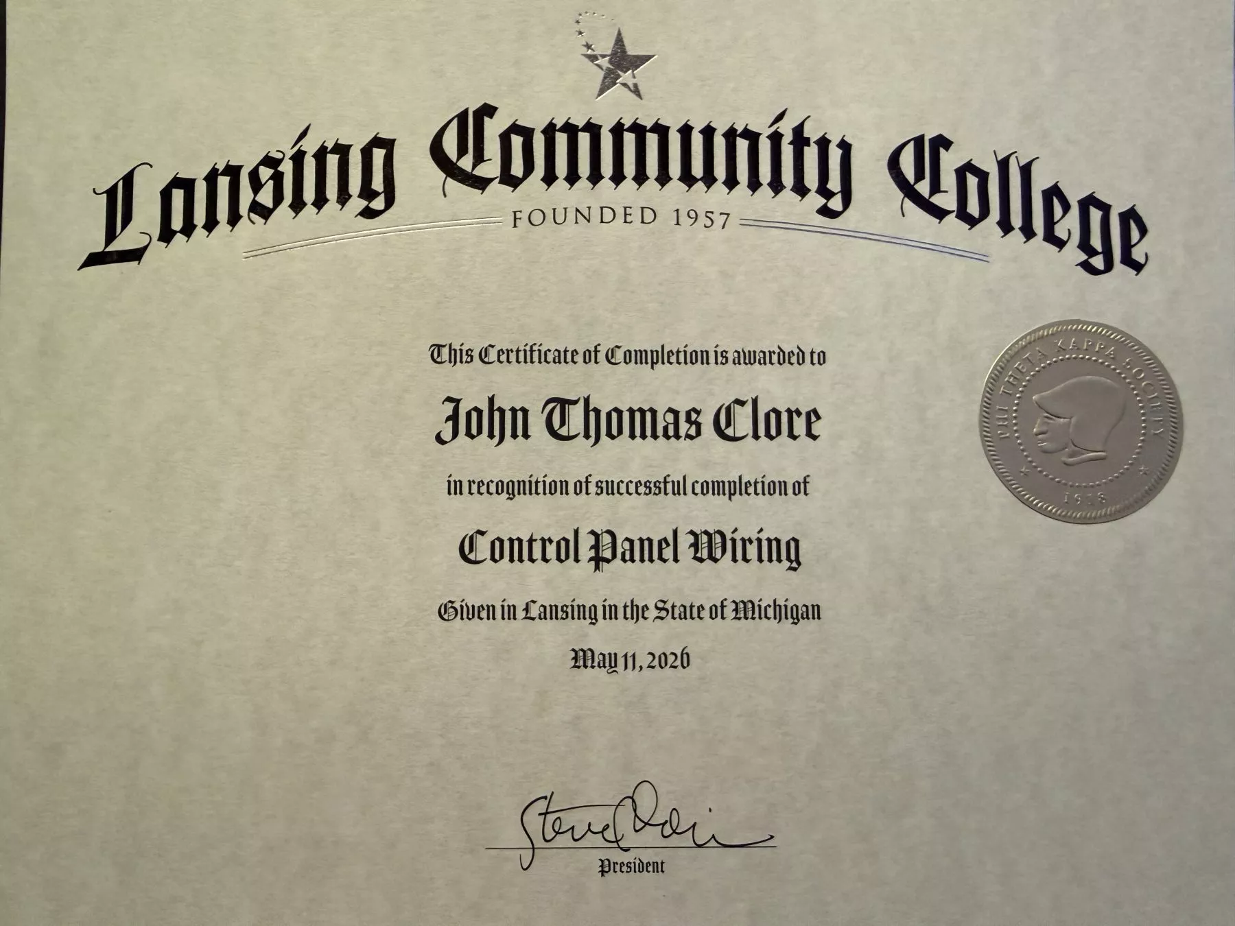 Lansing Community College Control Panel Wiring certificate awarded to John Thomas Clore