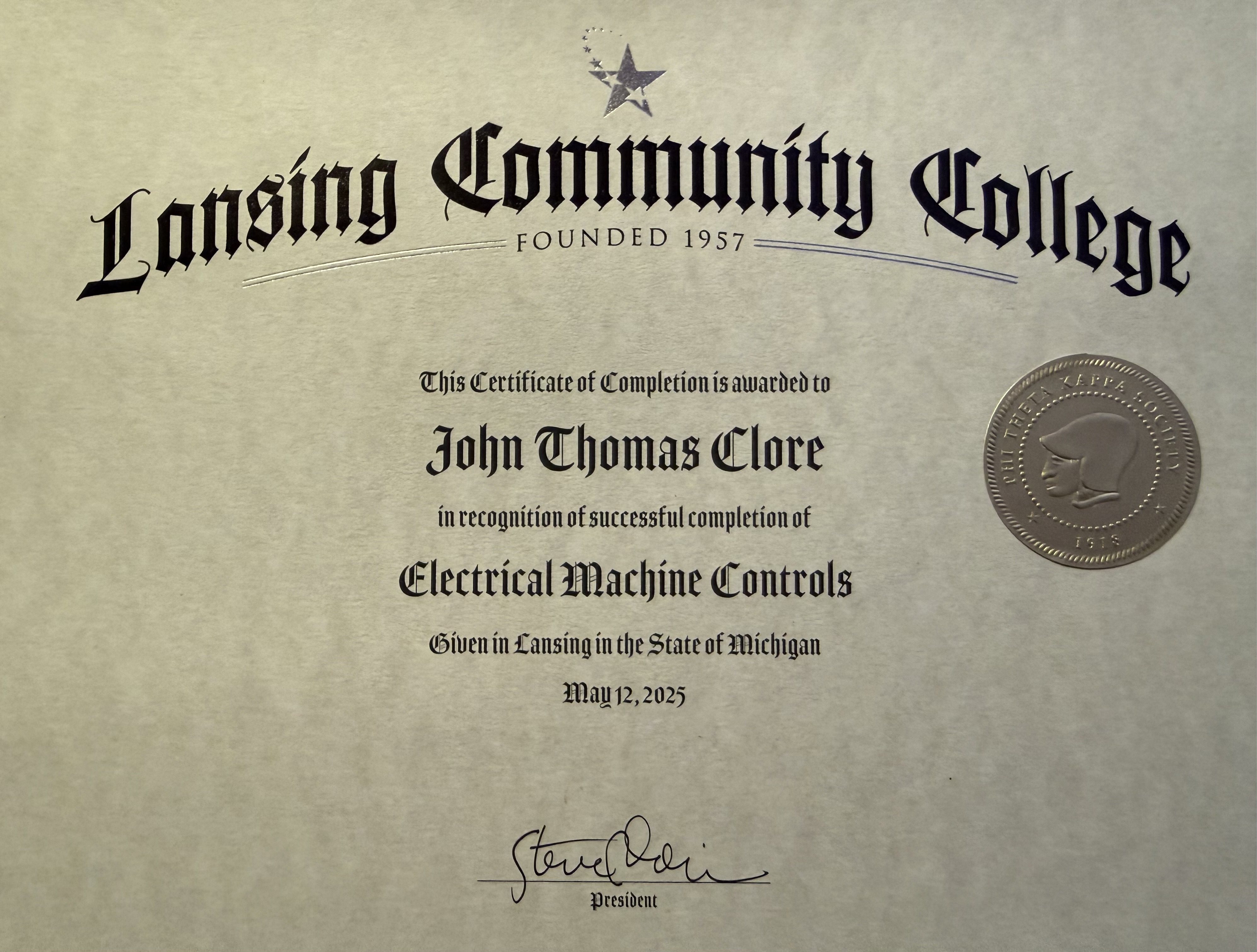 Lansing Community College Electrical Machine Controls certificate awarded to John Thomas Clore