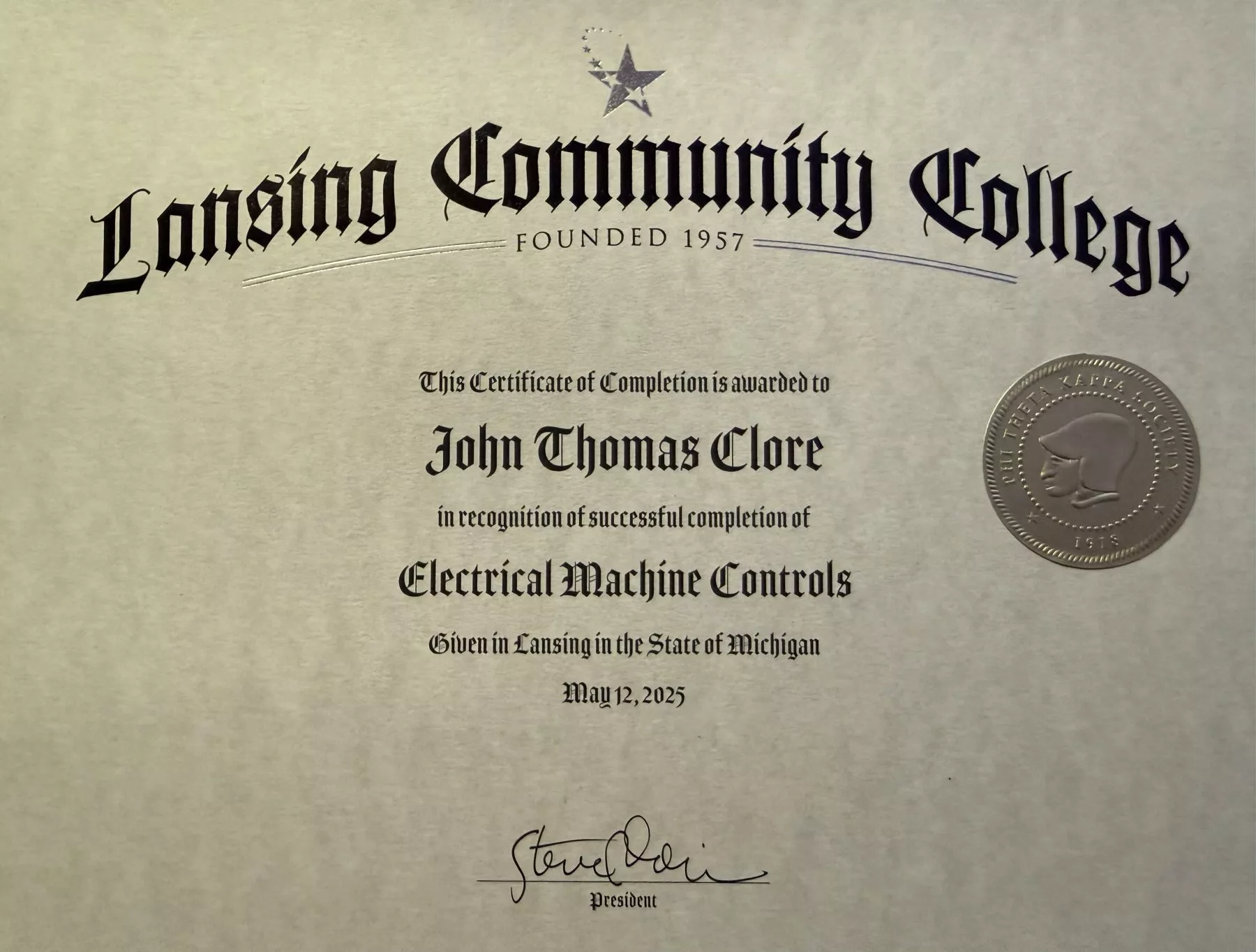 Lansing Community College Electrical Machine Controls certificate awarded to John Thomas Clore