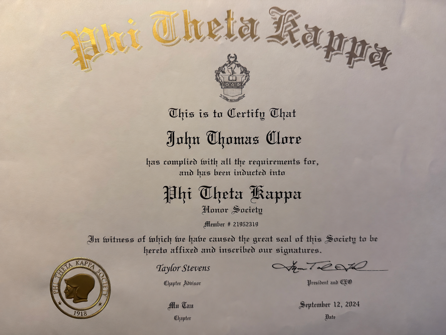 Phi Theta Kappa Honor Society membership certificate for John Thomas Clore, Mu Tau Chapter